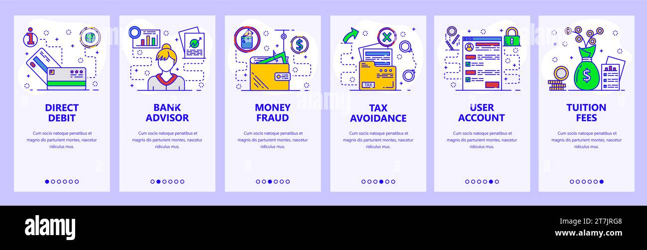 Mobile app onboarding screens. Banking, money fraud, bank advisor and tax avoidance. Menu vector banner template for website and mobile development. W Stock Vector