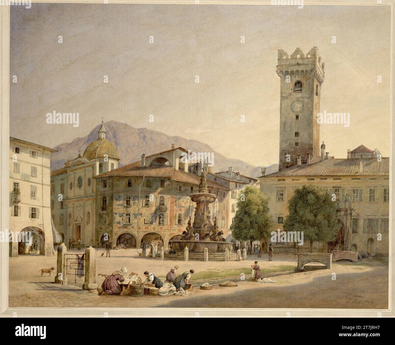 Franz Alt The main square in Trento (peep box leaf). Watercolor, gloss increases, scraped -out white increases (traces of a pencil prescription) 1845 , 1845 Stock Photo