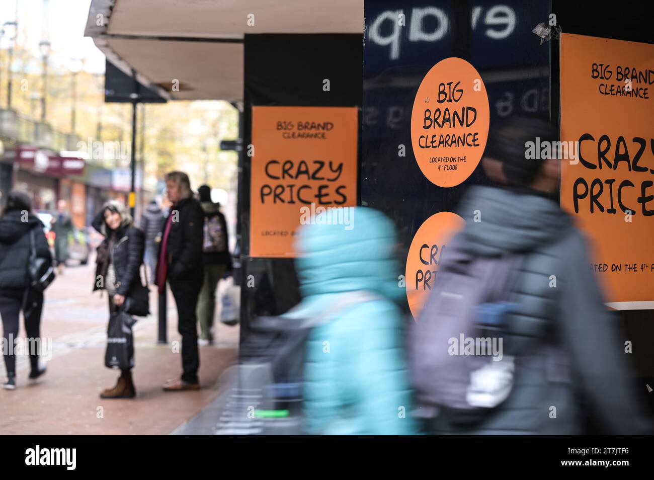 New Street, Birmingham November 16th 2023 - Sale posters in Birmingham city centre shops on the run-up to Black Friday. Pic by Credit: Stop Press Media/Alamy Live News Stock Photo