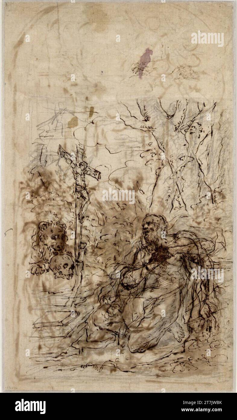 Francesco Maffei The Holy Hieronymus. Stone chalk; Feather; Paint brush; Two transverse kinks Stock Photo