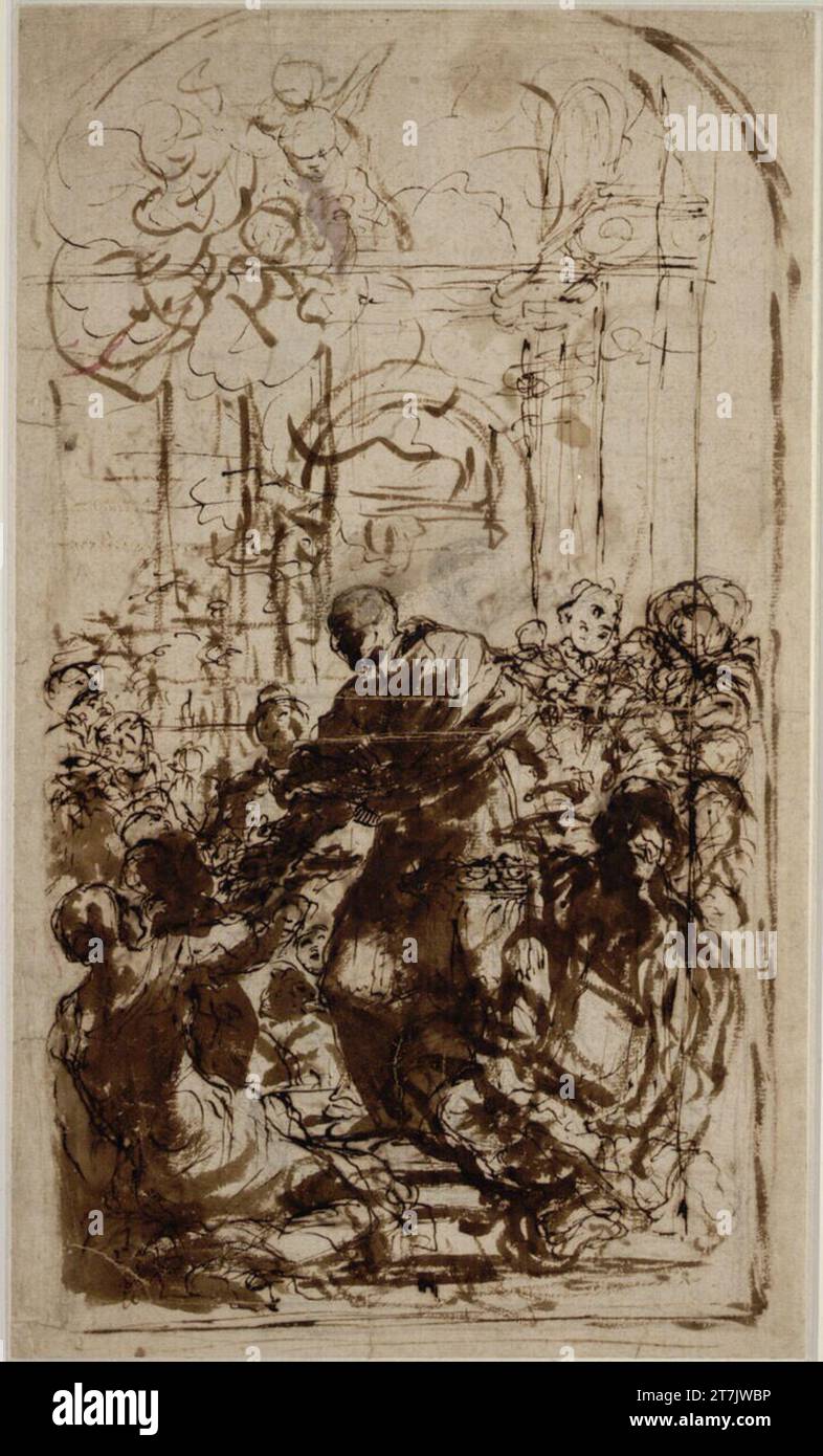 Francesco Maffei St. Karl Borromäus at the plague patients. Stone chalk; Feather; Paint brush; Two transverse kinks Stock Photo