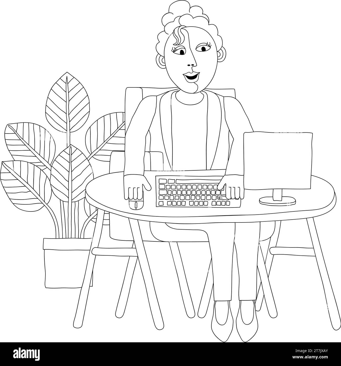 Woman working behind desk computer workstation stock vector image art