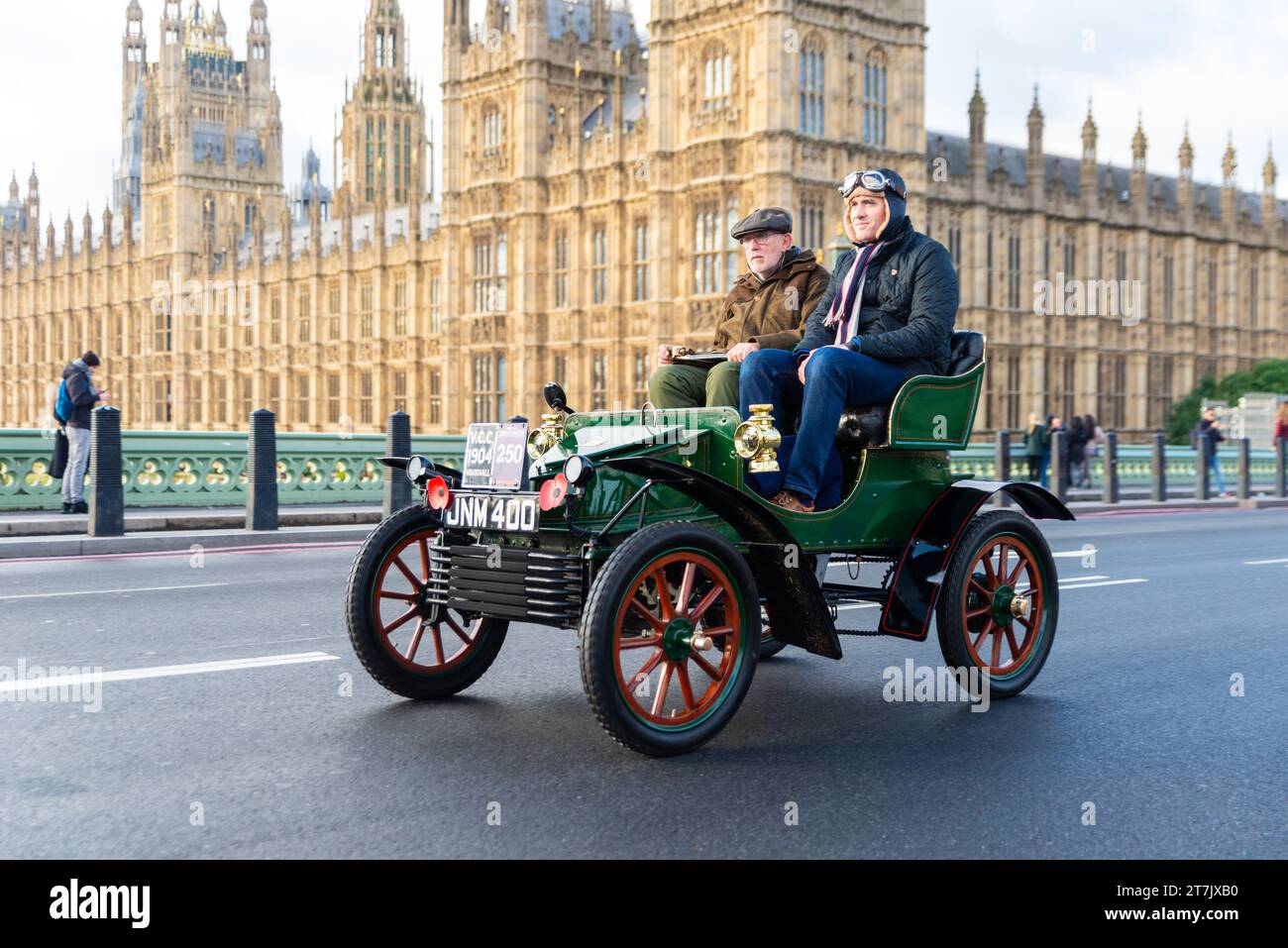 1904 Vauxhall vintage car participating in the London to Brighton veteran car run, vintage motoring event passing through Westminster, London, UK Stock Photo