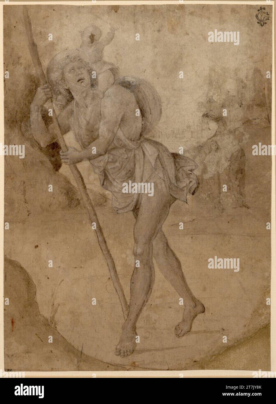 Anonym The Holy Christophorus. Chalk; Feather; laved; White grown; The ...