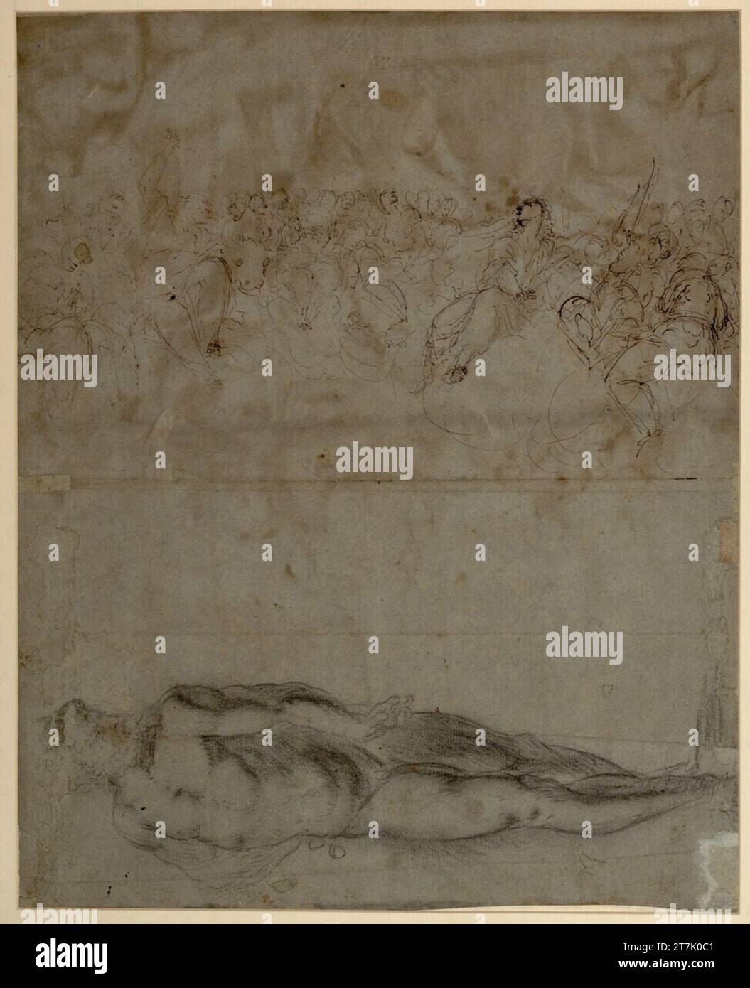 Francesco Maffei Study for a standing men's act (below, crossed); Sketch of a collection of figures sitting on clouds (top), among them a bull. Chalk; Feather; Adhesive points; Middle fold Stock Photo