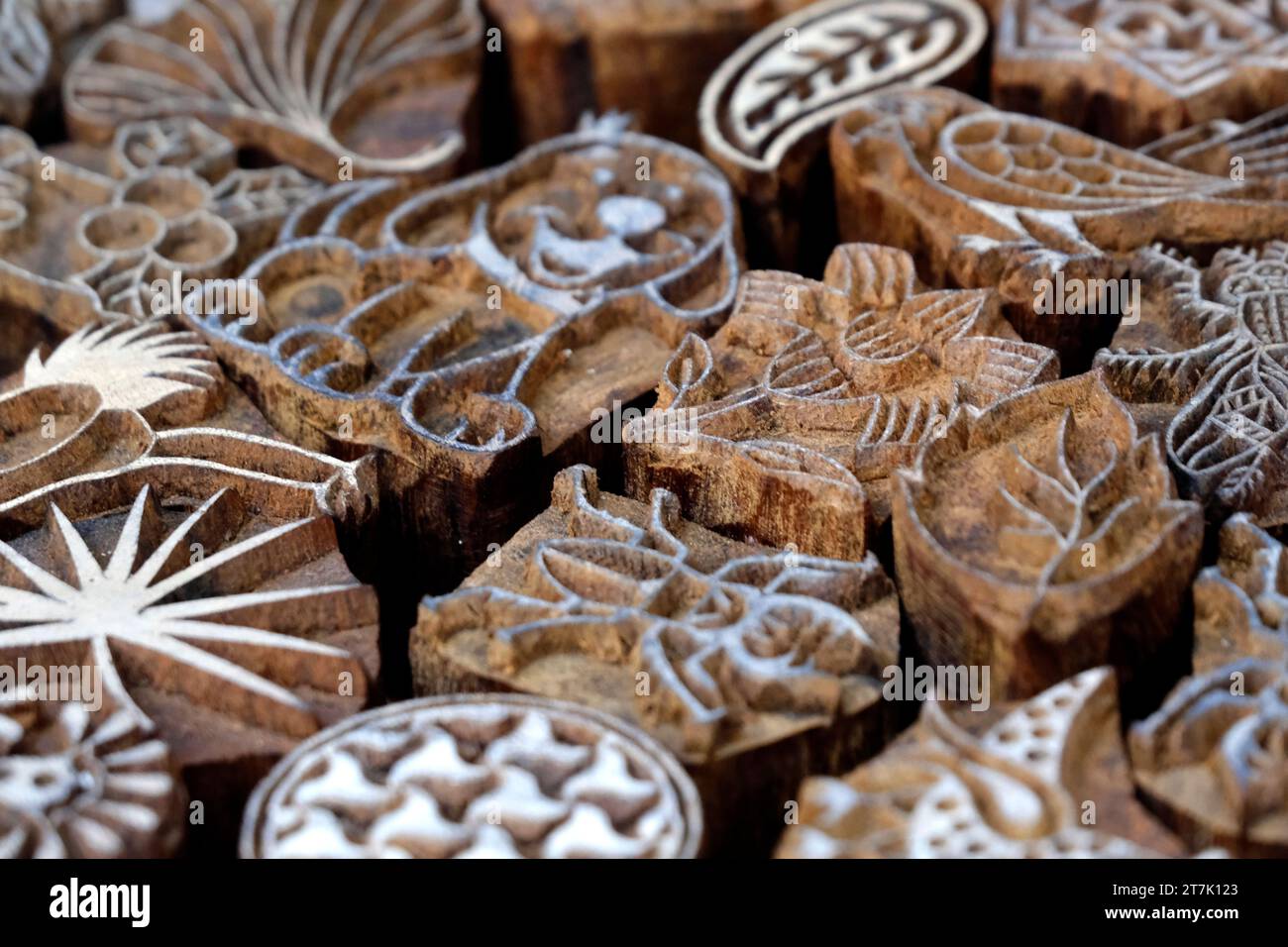 Pune, Maharashtra, India 03 November 2023 : Block Printing for Textile in India. Block Printing Traditional Process, Henna wooden stamps, Traditional Stock Photo