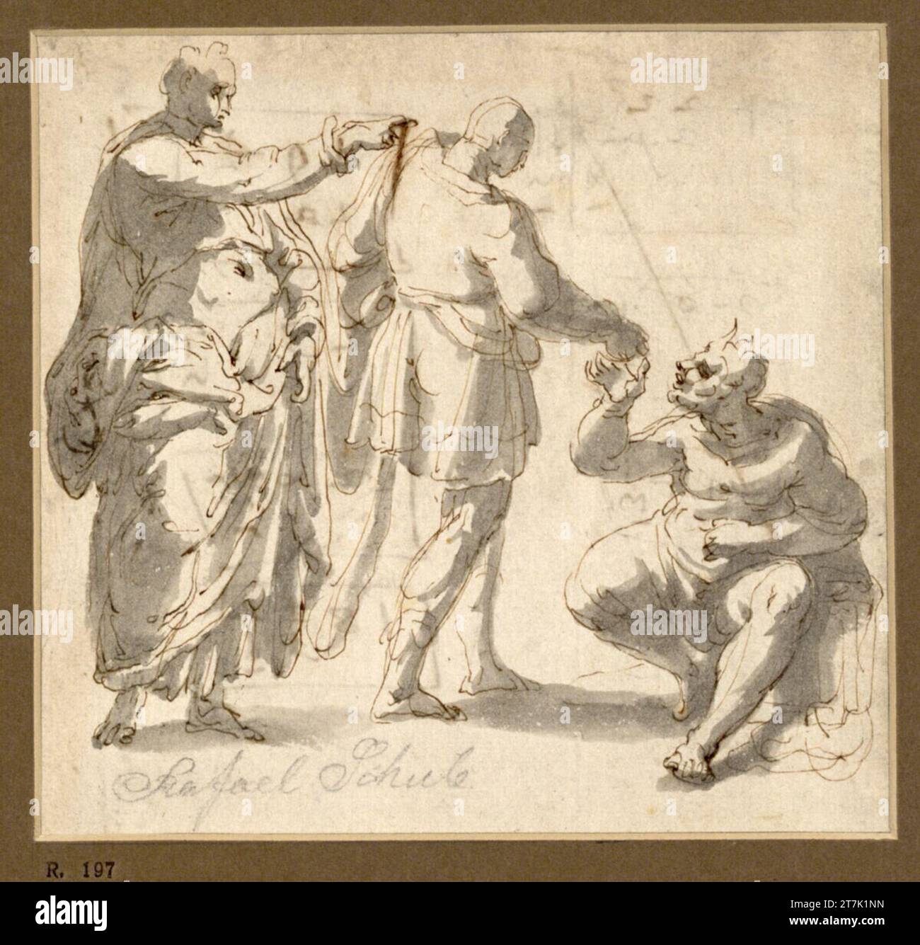 Anonym Two men in ancient costume; One presents a beggar. Feather; gray ...