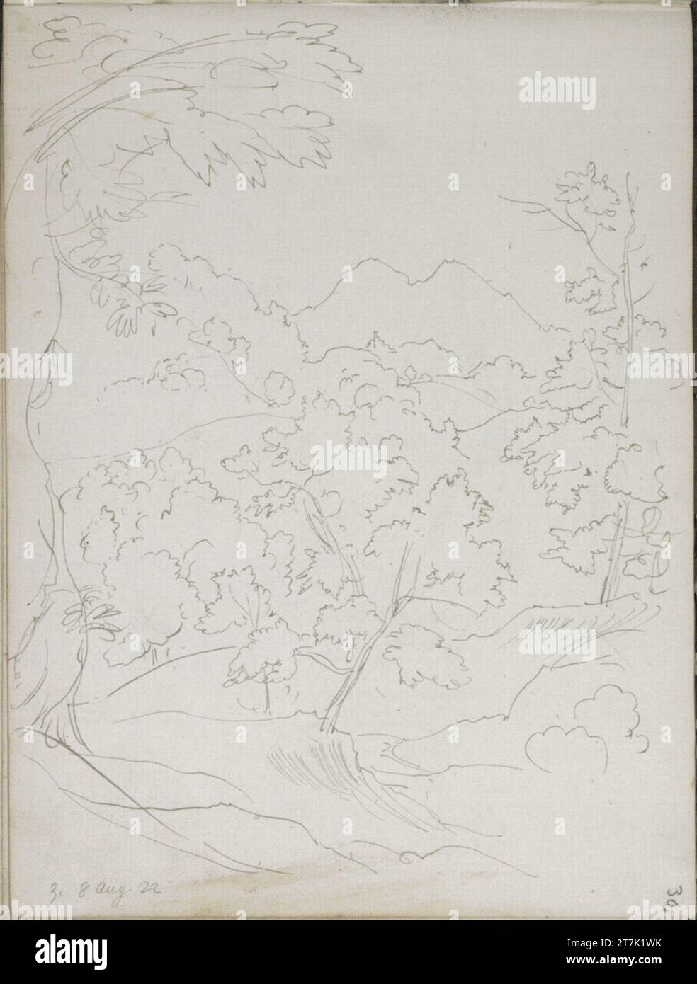 Heinrich Reinhold Sketchbook: Outline of a look over tree -covered hills on the mammels with Rocca di Mezzo or Rocca di Santo Stefano. Feder in black gray 8.8.1822 (Sketchbook: 1821 - 1822) Stock Photo