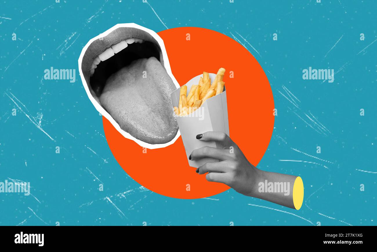 Mouth eating French fries. Contemporary art collage. Food concept, taste, surrealism, creativity, fast food. Pop art style. Poster, advertisement Stock Photo