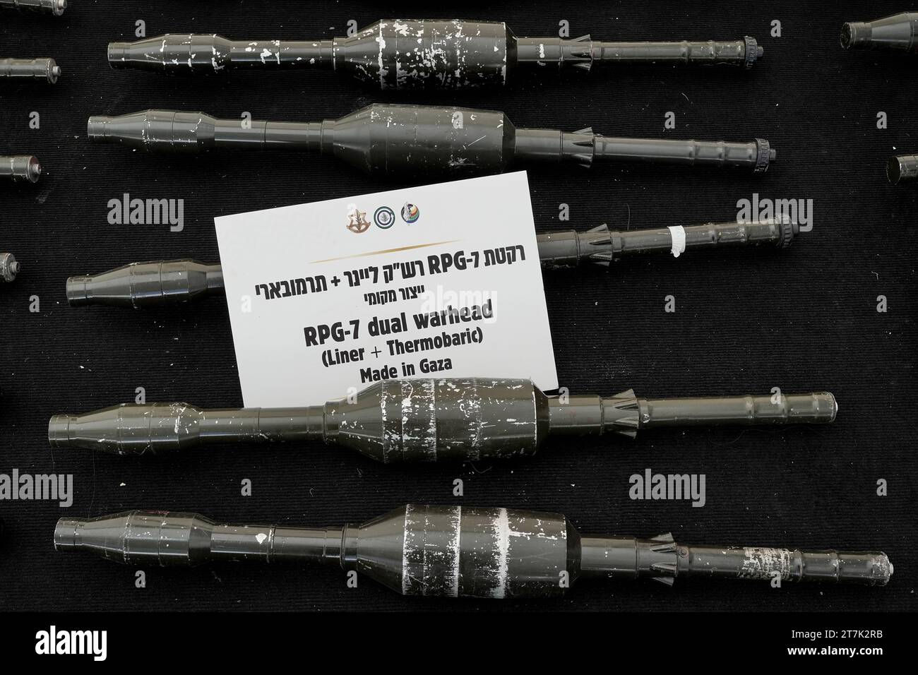 IDF Military Base, Israel. 16th Nov, 2023. The Israeli Government Press Office and the IDF display Hamas terrorist munitions and equipment confiscated after the October 7, 2023, terror attack on the settlements and towns on the Gaza border at an IDF military base in central Israel. Israel has been engaged in a war with Hamas following massive rocket fire from the Gaza Strip into Israel, infiltration of gunmen into Israeli territory, massacre of 1,400 civilian women and children in their homes and hostage taking of some 240 civilians and soldiers. Credit: Nir Alon/Alamy Live News Stock Photo