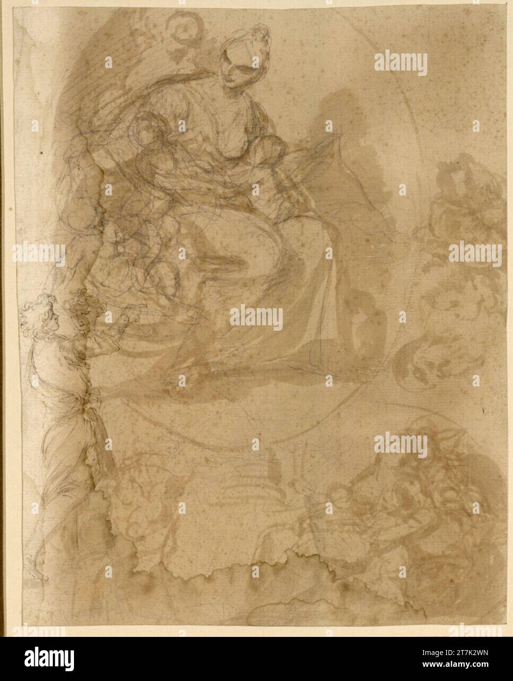 Anonym Skizzenblatt. Caritas (in Oval); Figure studies. Chalk; Feather ...