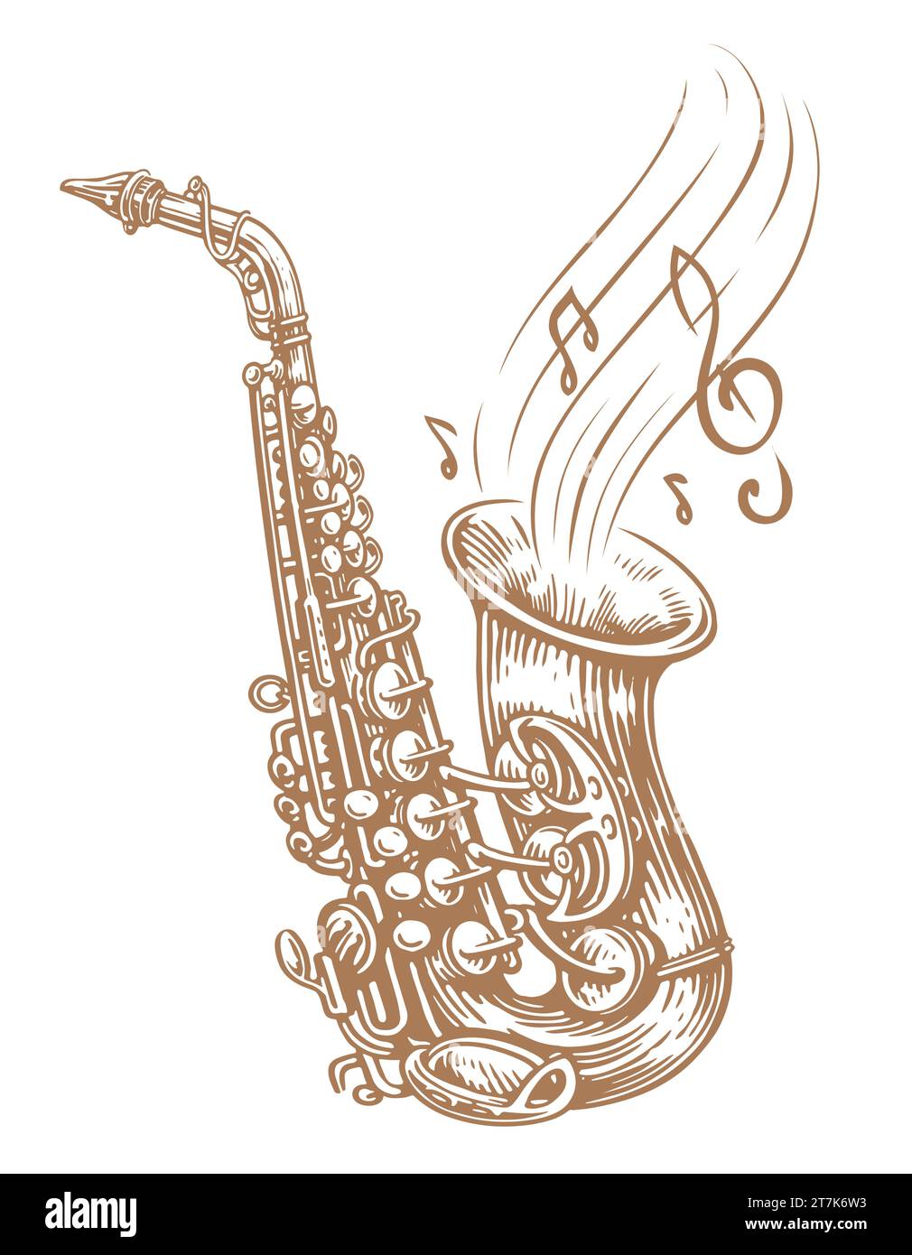 Saxophone vector illustration. Hand drawn drawing of a wind musical instrument and musical notes Stock Vector