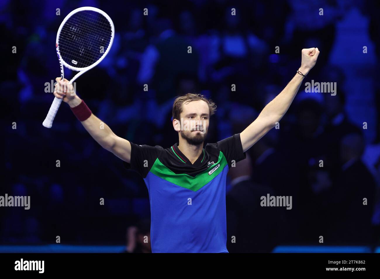 Torino, Italy. 15th Nov, 2023. Daniil Medvedev of Russia celebrates at the end of the singles match between Daniil Medvedev of Russia and Alexander Zverev of Germany on Day four of the Nitto ATP World Tour Finals. Credit: Marco Canoniero/Alamy Live News Stock Photo