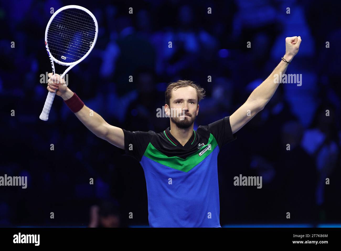 Torino, Italy. 15th Nov, 2023. Daniil Medvedev of Russia celebrates at the end of the singles match between Daniil Medvedev of Russia and Alexander Zverev of Germany on Day four of the Nitto ATP World Tour Finals. Credit: Marco Canoniero/Alamy Live News Stock Photo