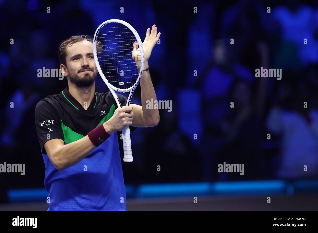 Torino, Italy. 15th Nov, 2023. Daniil Medvedev of Russia celebrates at the end of the singles match between Daniil Medvedev of Russia and Alexander Zverev of Germany on Day four of the Nitto ATP World Tour Finals. Credit: Marco Canoniero/Alamy Live News Stock Photo