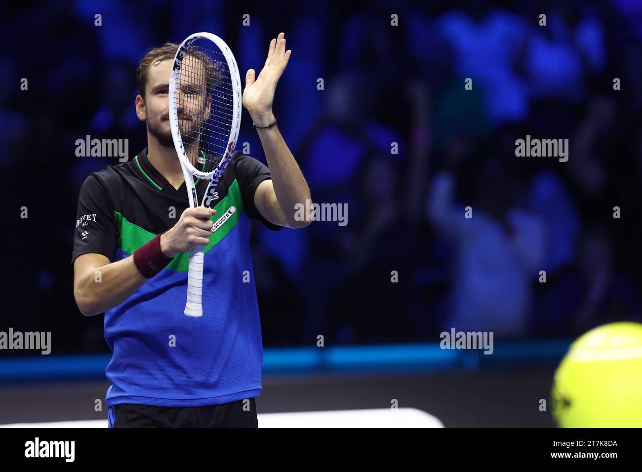 Torino, Italy. 15th Nov, 2023. Daniil Medvedev of Russia celebrates at the end of the singles match between Daniil Medvedev of Russia and Alexander Zverev of Germany on Day four of the Nitto ATP World Tour Finals. Credit: Marco Canoniero/Alamy Live News Stock Photo