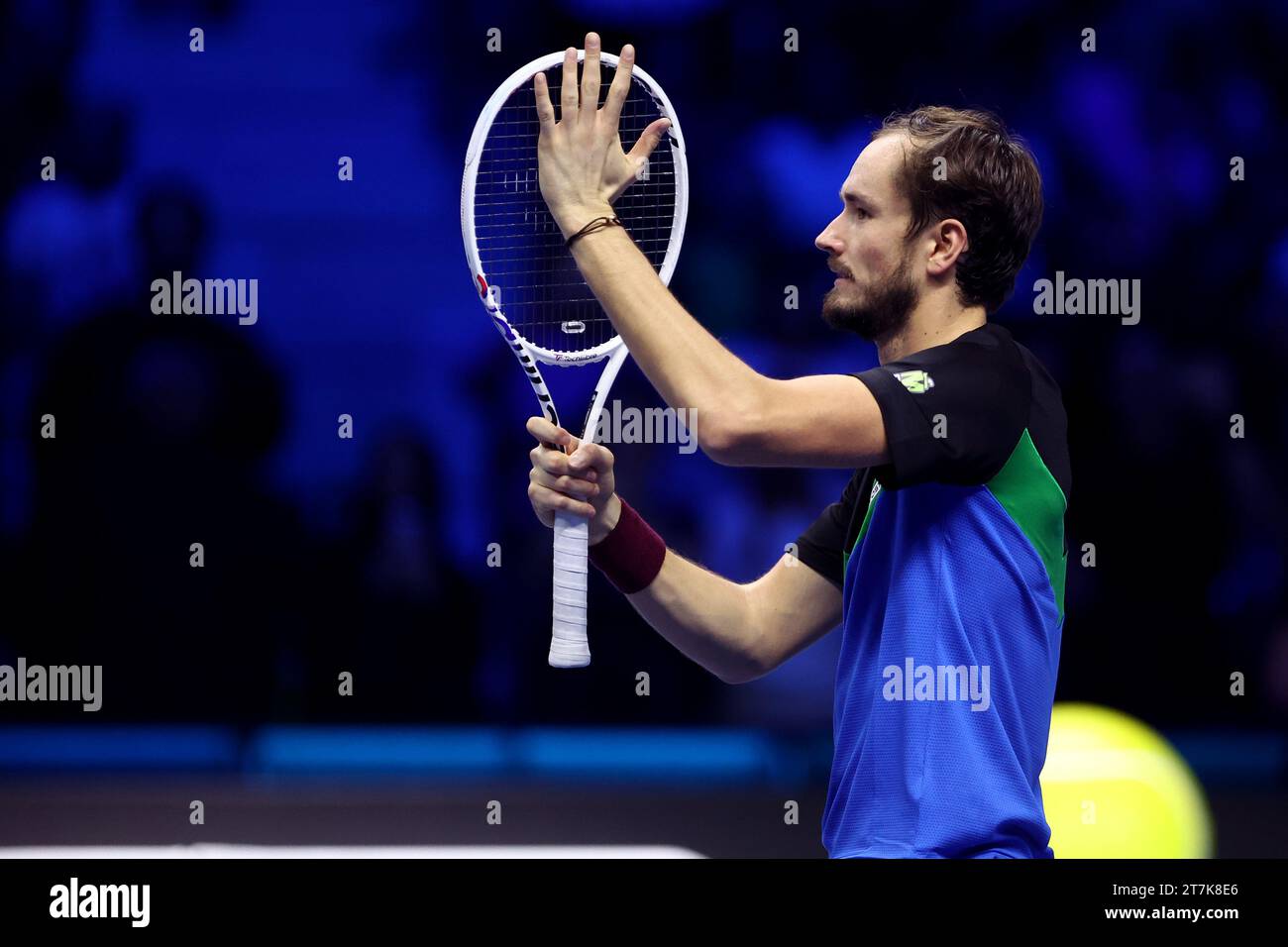 Torino, Italy. 15th Nov, 2023. Daniil Medvedev of Russia celebrates at the end of the singles match between Daniil Medvedev of Russia and Alexander Zverev of Germany on Day four of the Nitto ATP World Tour Finals. Credit: Marco Canoniero/Alamy Live News Stock Photo