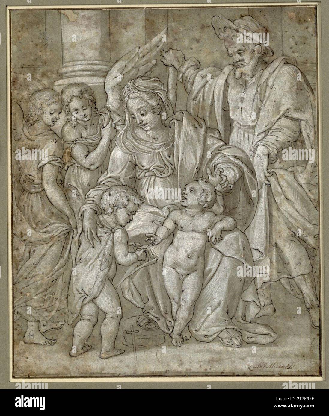 Anonym Holy family with the John's boy and two angels. Feather; laved ...
