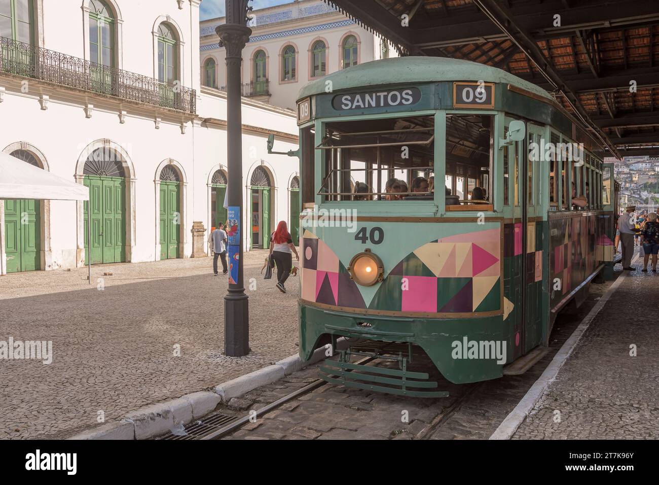 Santos city, Brazil.11.05.2023. Tram nº9 from 1911 parked at Valongo station, Downtown. Stock Photo