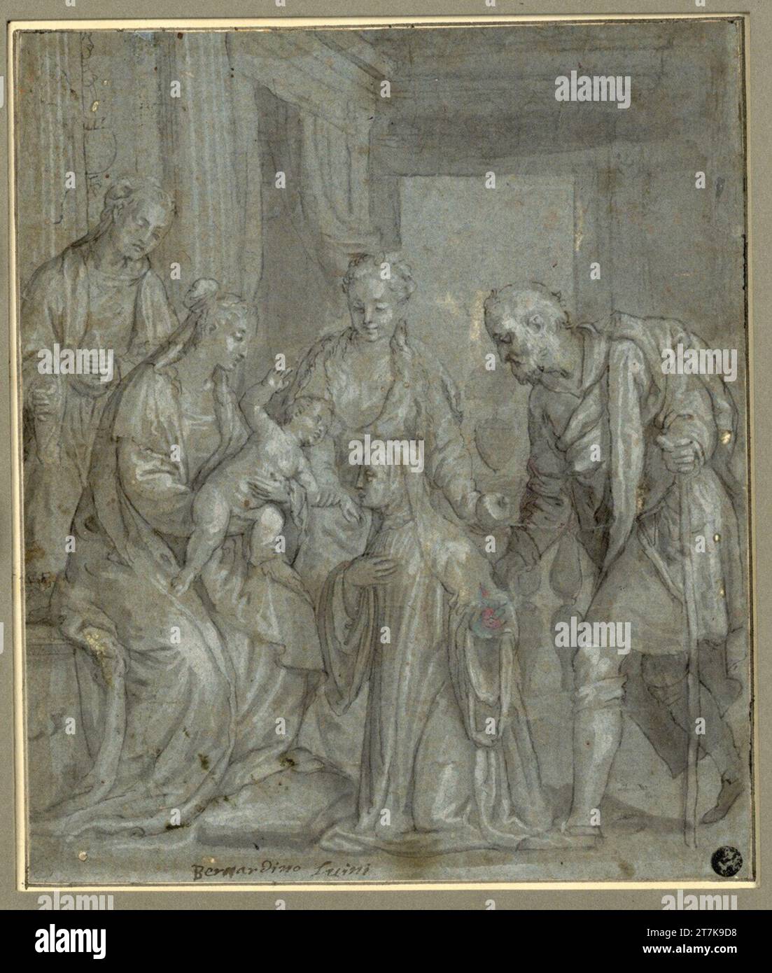 Anonym Sacra Conversazione. The Holy Family with Elisabeth, Maria Magdalena and a kneeding Benedictine (Katharina von Siena). Feather; gray lavated; whitewashed Stock Photo