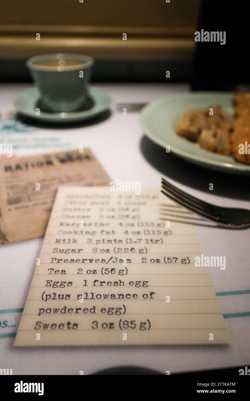 List of British rationed ingredients in 1943 for a meal during 2nd World War - at Imperial War Museum, London Stock Photo