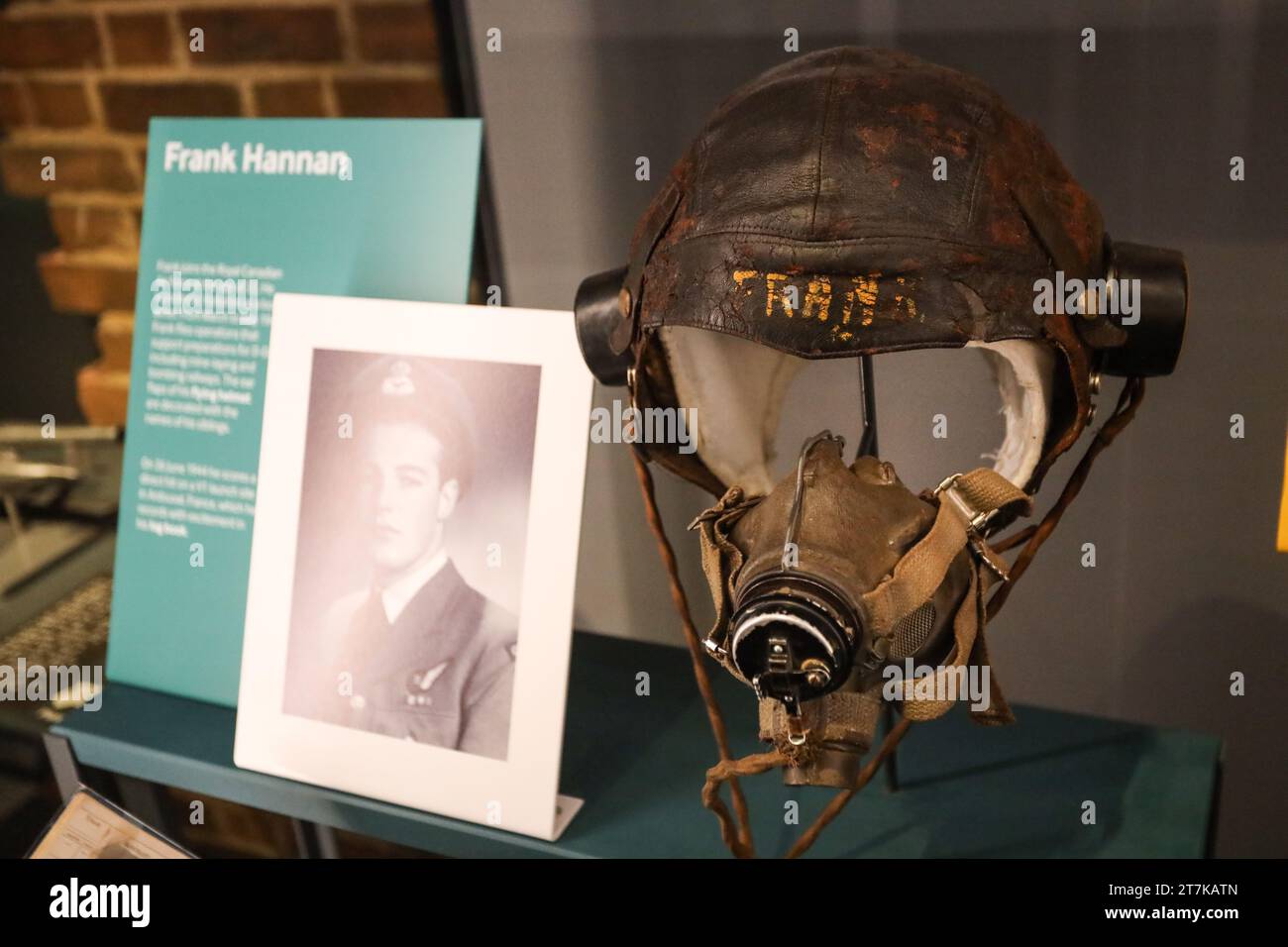 Frank Hannan leather flying helmet type C with Oxygen Mask/Microphone Assembly Type G: RCAF worn in 2nd World War - display at Imperial War Museum Stock Photo