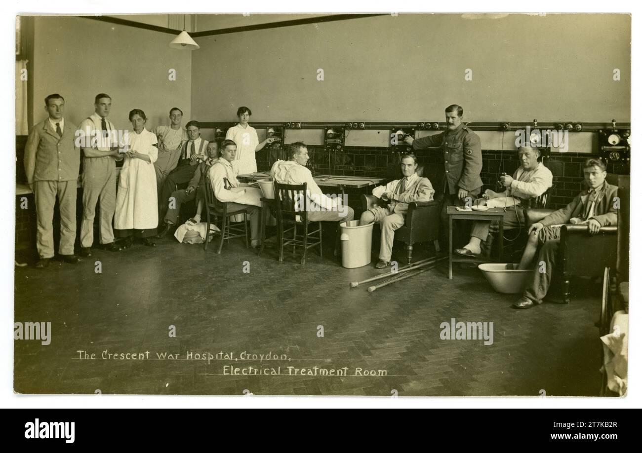 Original WW1 era postcard of soldiers recovering or being treated possibly for shell shock with electro therapy at Electrical Treatment Room, Crescent War Hospital, Croydon, London, Circa 1917. U.K. Stock Photo