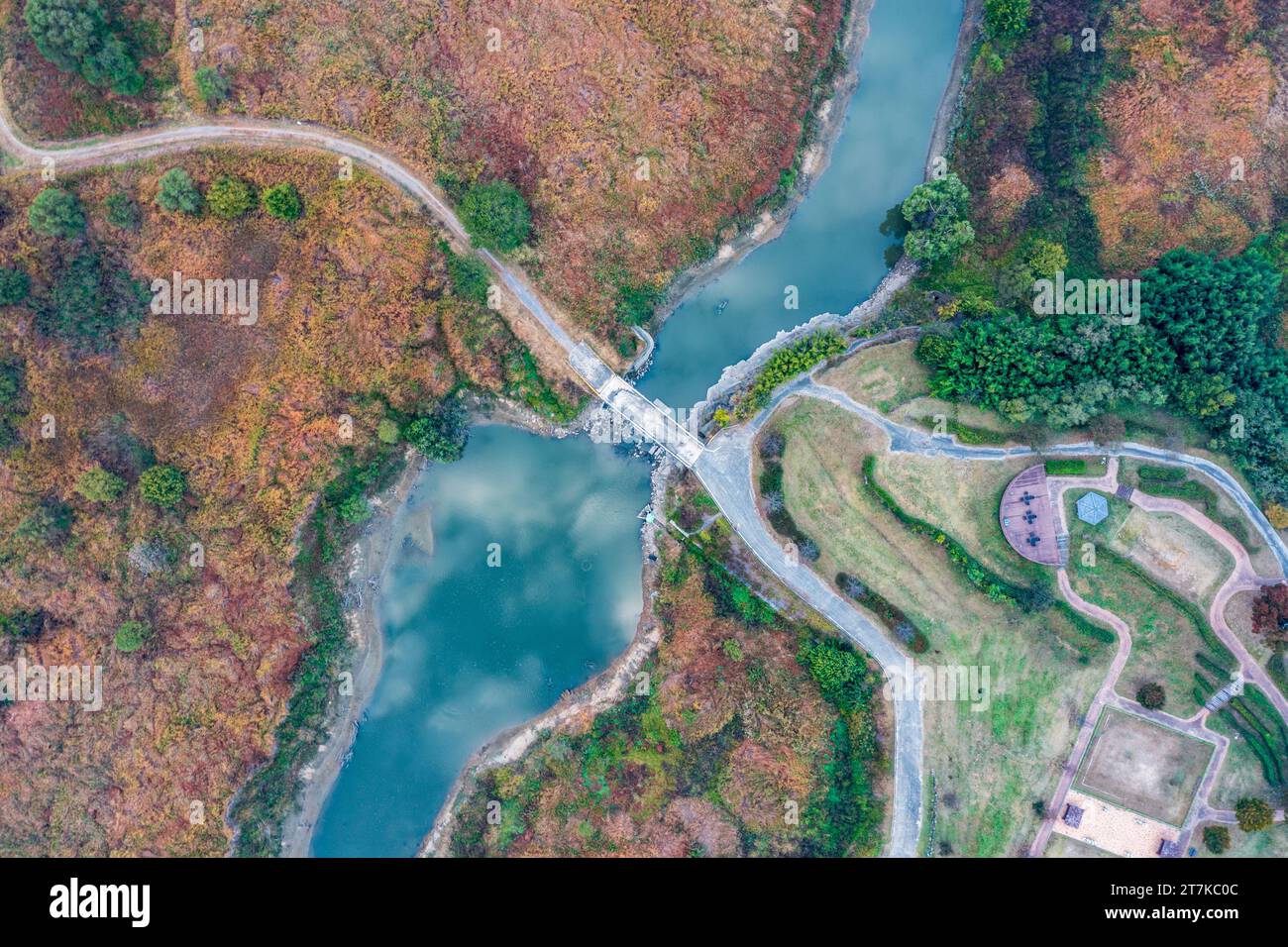 An aerial view of autumn along the river Stock Photo - Alamy
