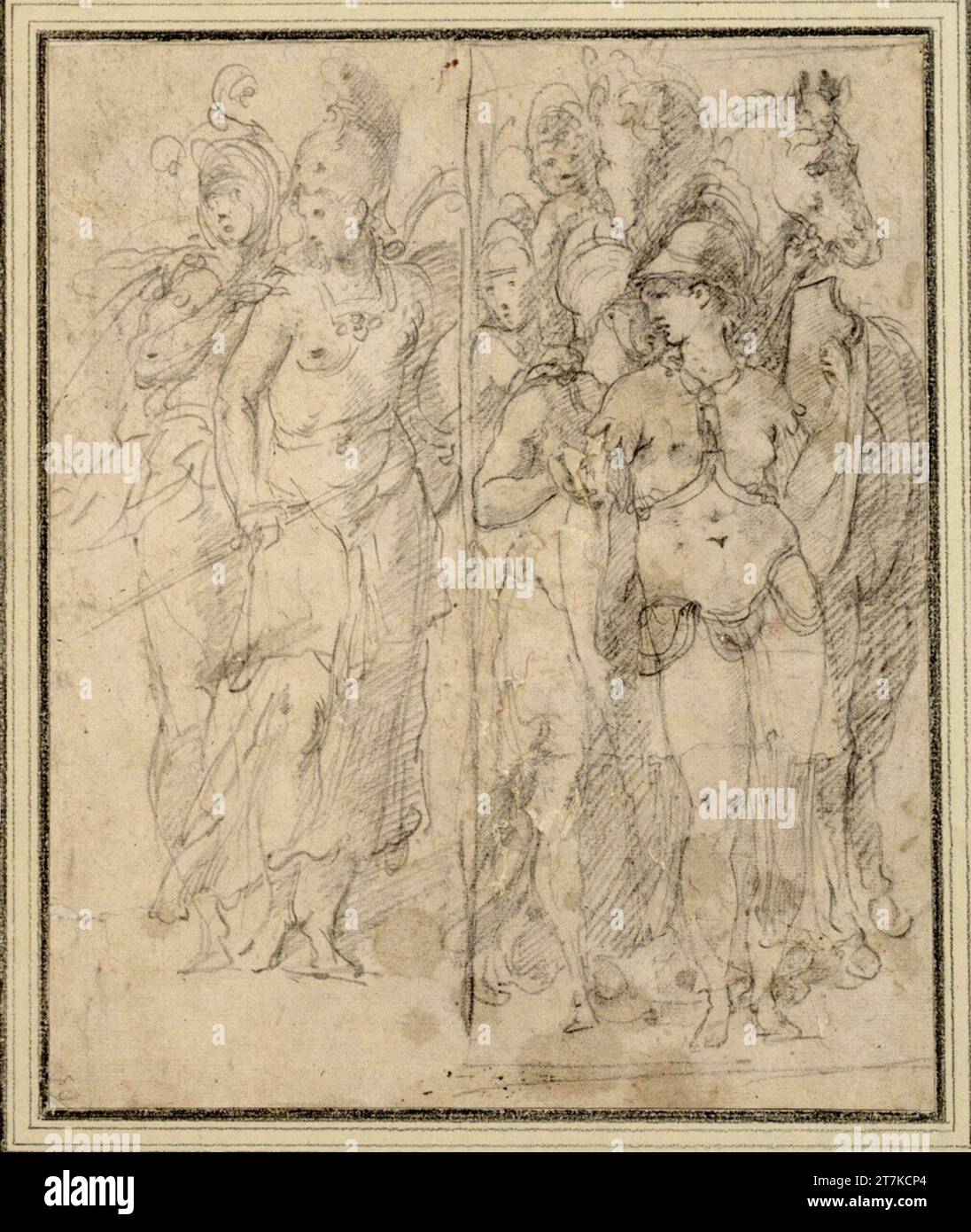 Francesco Primaticcio Alexander and the Amazon Queen Thalestris with her entourage. Chalk around 1541-1544 Stock Photo
