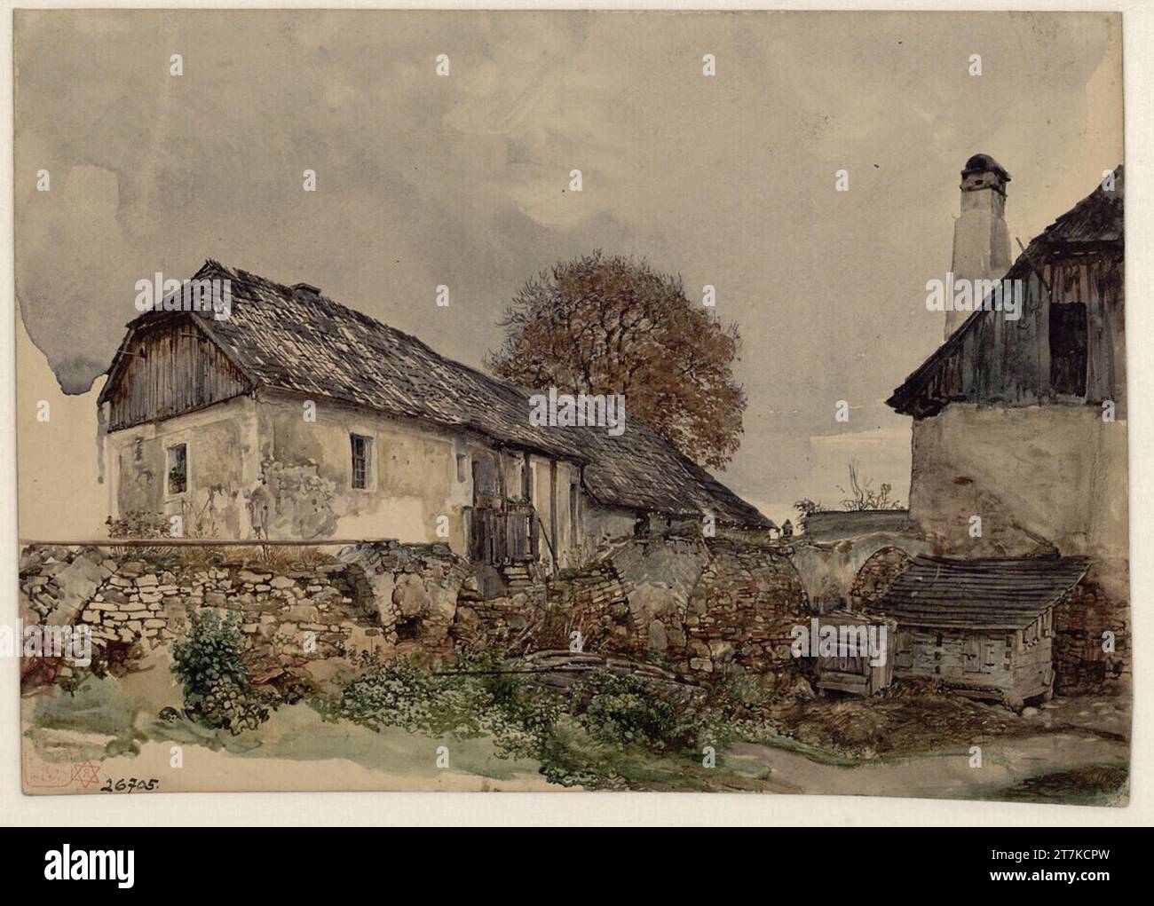 Rudolf von Alt View of Traismauer. Watercolor, lights scraped out 1848 , 1848 Stock Photo