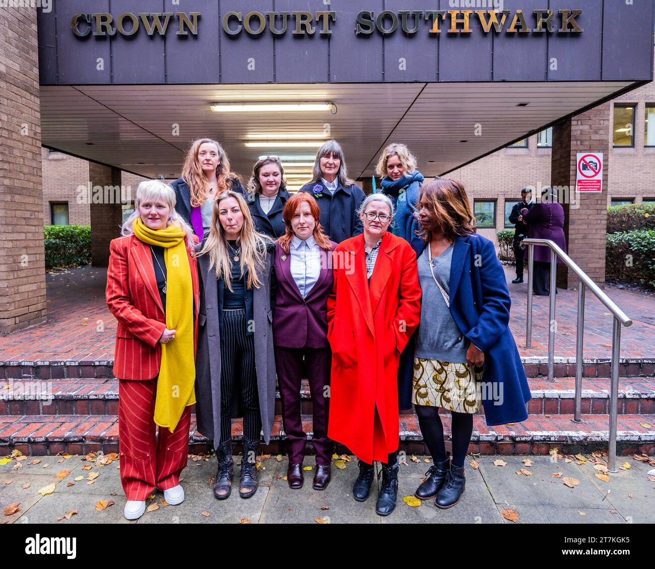 London, UK. 16 Nov 2023. Extinction Rebellion women who broke HSBC windows are found ‘not guilty' at Southwark Crown Court. British fashion designer Stella McCartney CBE, dressed the HSBC 9 women for trial. The jury today returned the verdict after just two hours deliberating after a three week trial. The nine defendants included, recent graduate Jessica Agar, 23, journalist Holly (Blyth) Brentnall, 32, former candidate for London Mayor Valerie Brown, 71 (R), community organiser Eleanor (Gully) Bujak, 31, XR co-founder and lecturer in sustainable fashion at Central Saint Martins, Clare Farrell Stock Photo