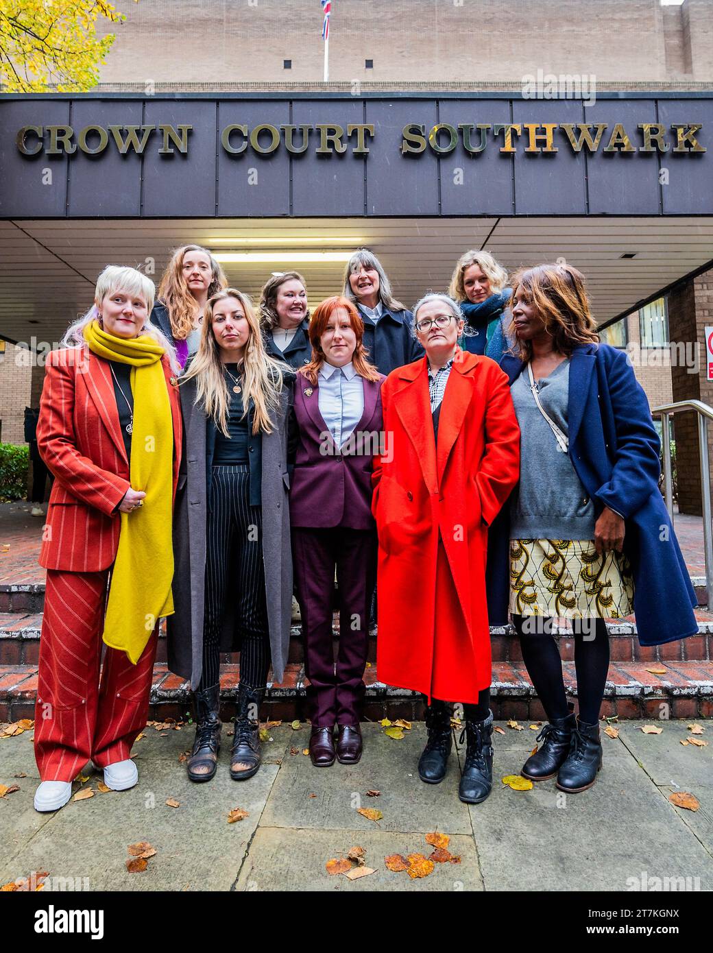 London, UK. 16 Nov 2023. Extinction Rebellion women who broke HSBC windows are found ‘not guilty' at Southwark Crown Court. British fashion designer Stella McCartney CBE, dressed the HSBC 9 women for trial. The jury today returned the verdict after just two hours deliberating after a three week trial. The nine defendants included, recent graduate Jessica Agar, 23, journalist Holly (Blyth) Brentnall, 32, former candidate for London Mayor Valerie Brown, 71 (R), community organiser Eleanor (Gully) Bujak, 31, XR co-founder and lecturer in sustainable fashion at Central Saint Martins, Clare Farrell Stock Photo