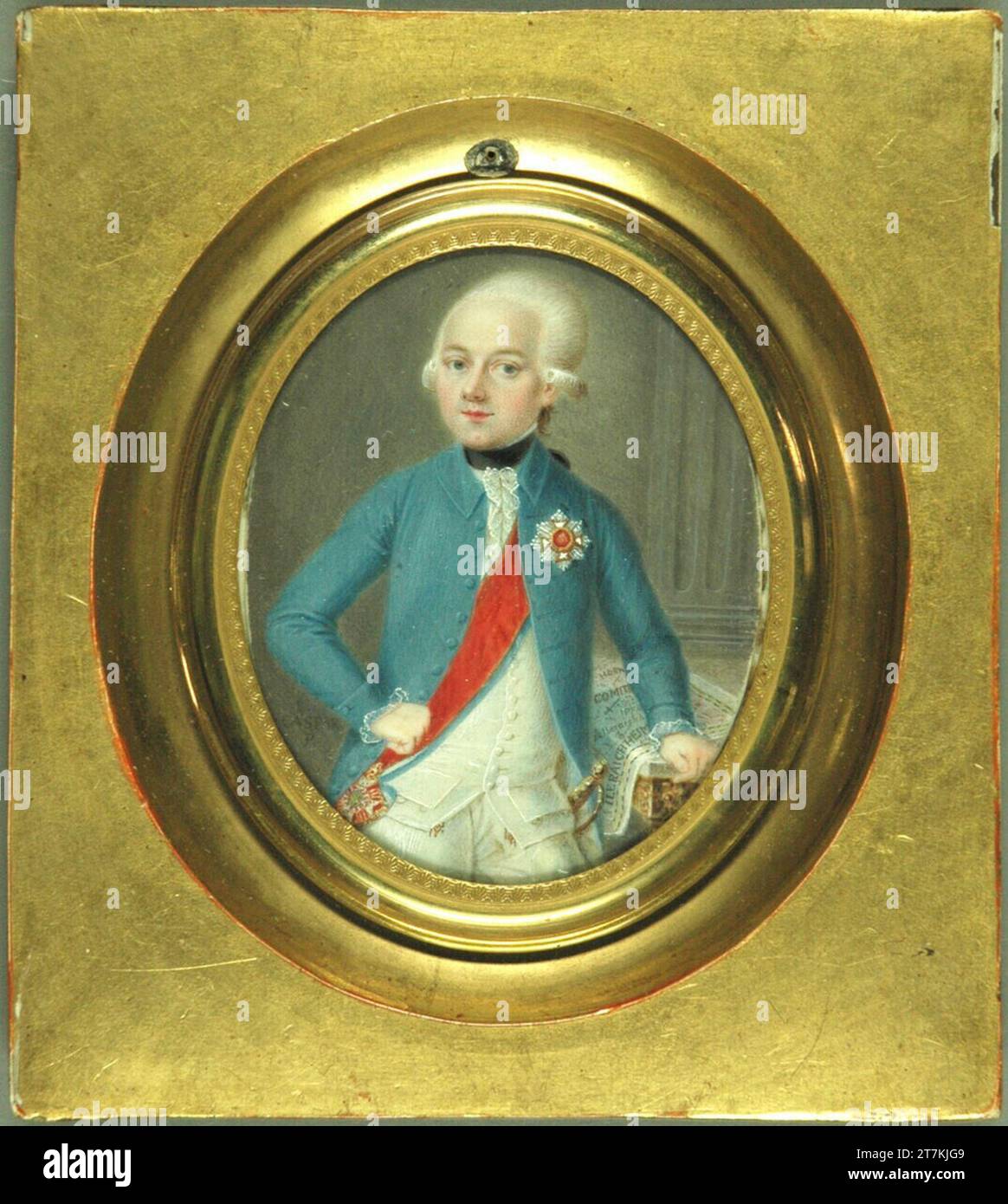 Carl Caspar Chevalier Joseph Solignac-Peschiera in a blue uniform with red sash and medal, standing next to a table. Watercolor on ivory 1774 , 1774 Stock Photo