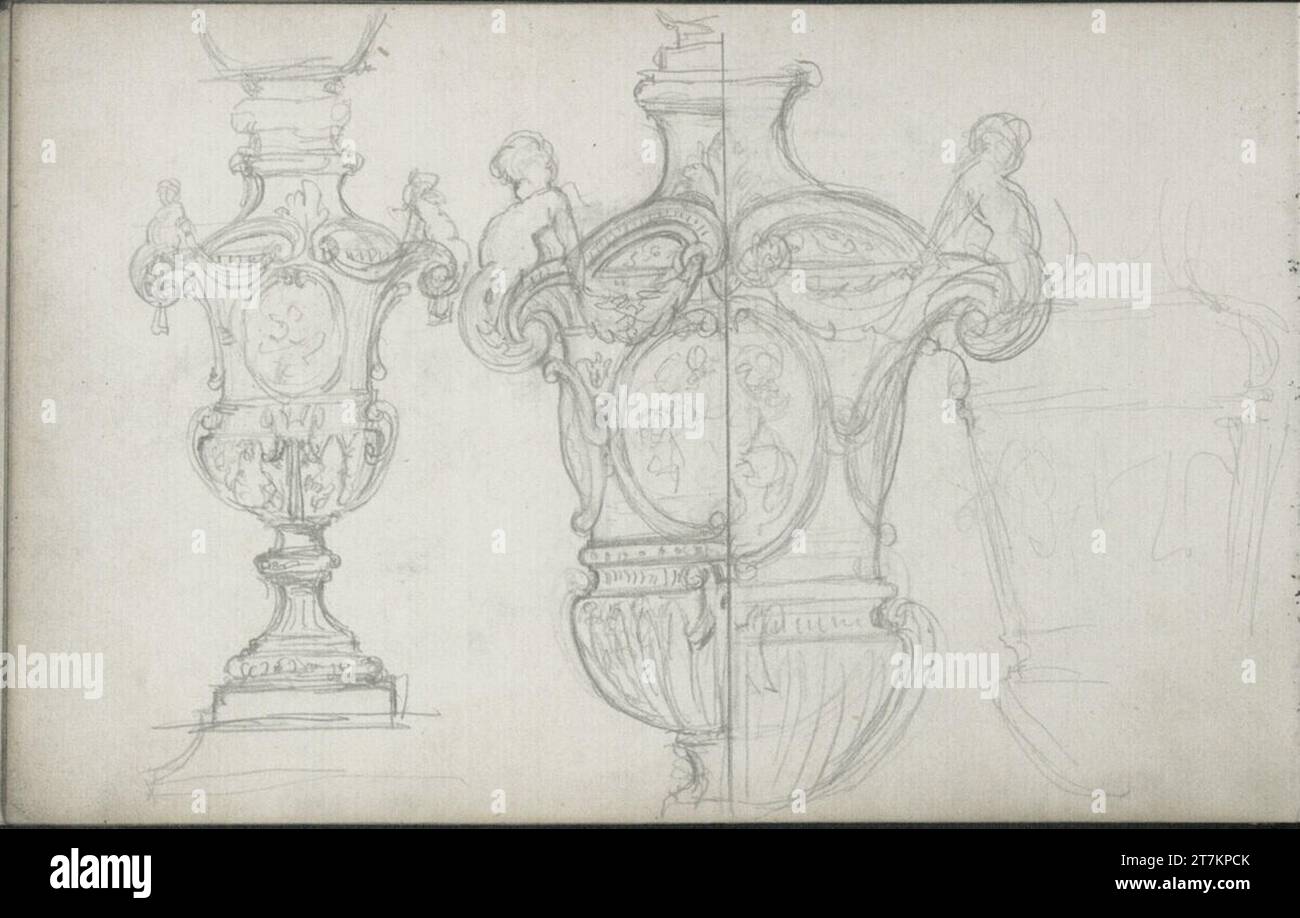 Emerich Alexius Swoboda Sketches of a gas lummer decorated with figures and tendrils. Pencil Sketchbook: 14.3.1877 - 14.7.1877 , 1877-03-14/1877-07-14 Stock Photo