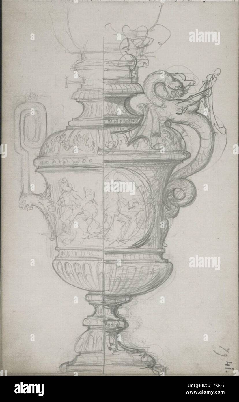 Emerich Alexius Swoboda Sketches of a gas lummer decorated with figures and tendrils. Pencil Sketchbook: 14.3.1877 - 14.7.1877 , 1877-03-14/1877-07-14 Stock Photo