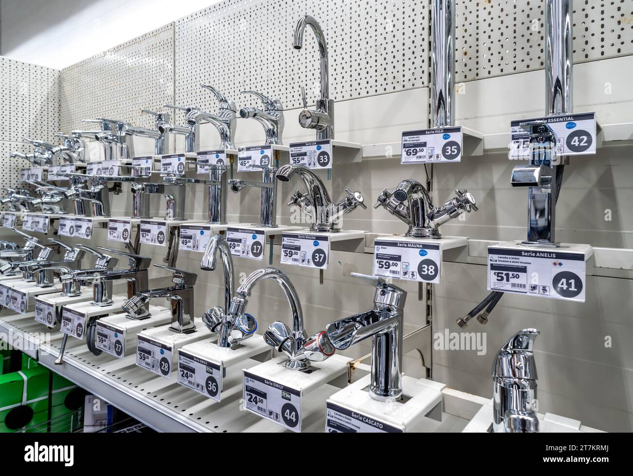 Italy - November 15, 2023: washbasin faucets displayed for sale in DIY store plumbing parts Department Stock Photo