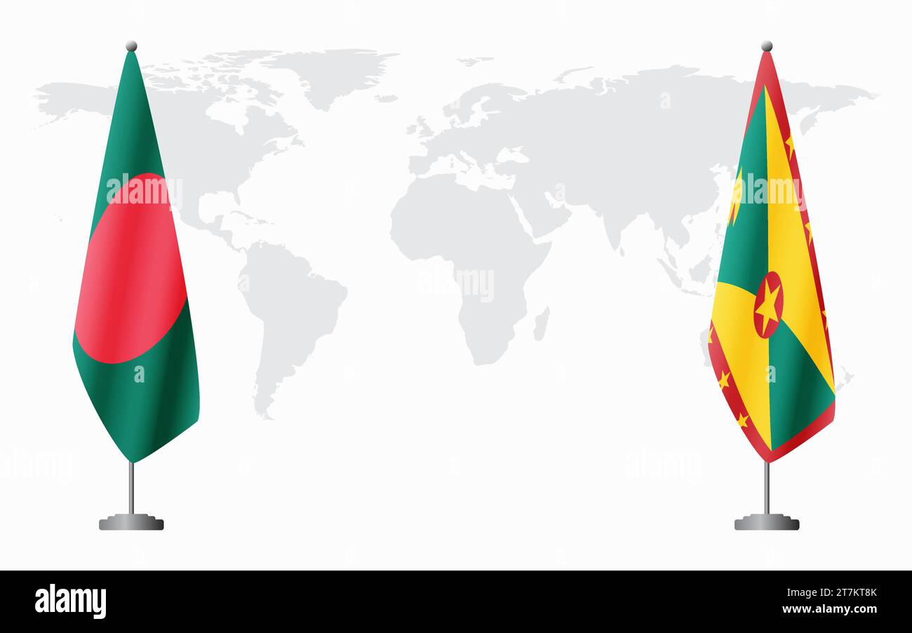 Bangladesh and Grenada flags for official meeting against background of world map. Stock Vector
