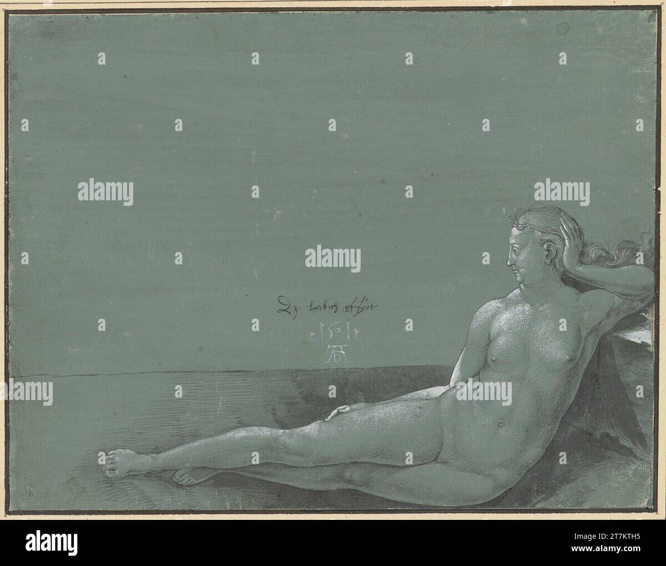 Albrecht Dürer Lying female act. Brush and feather In black, gray, gray, heighted with deck white, on green primed paper; Circle bump and construction lines in the area of the abdomen 1501 , 1501 Stock Photo
