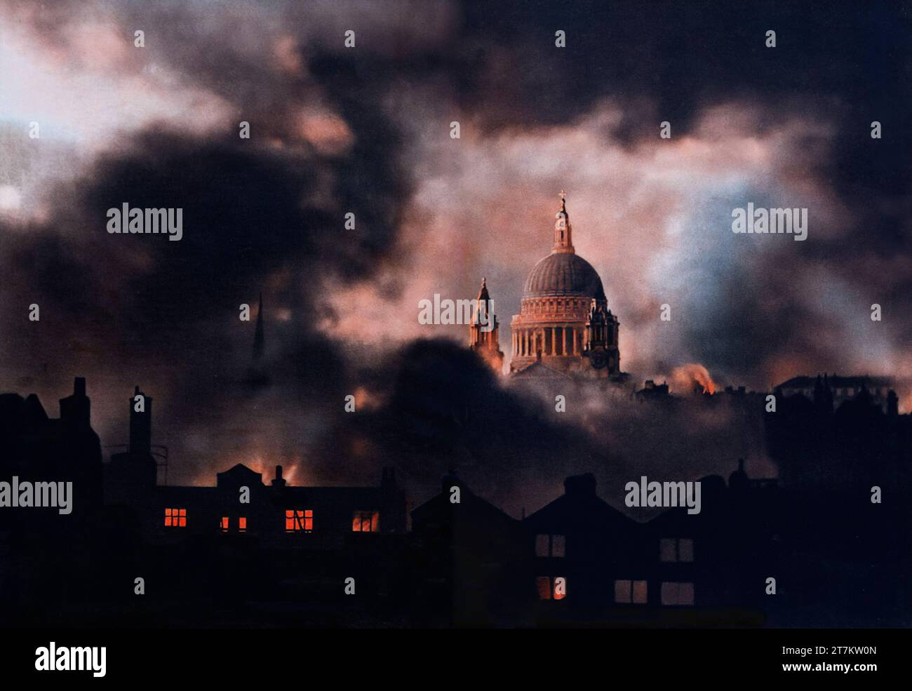 St Paul's Cathedral and the London skyline as it appeared during a German air raid of the Second World War on December 29th, 1940. Stock Photo