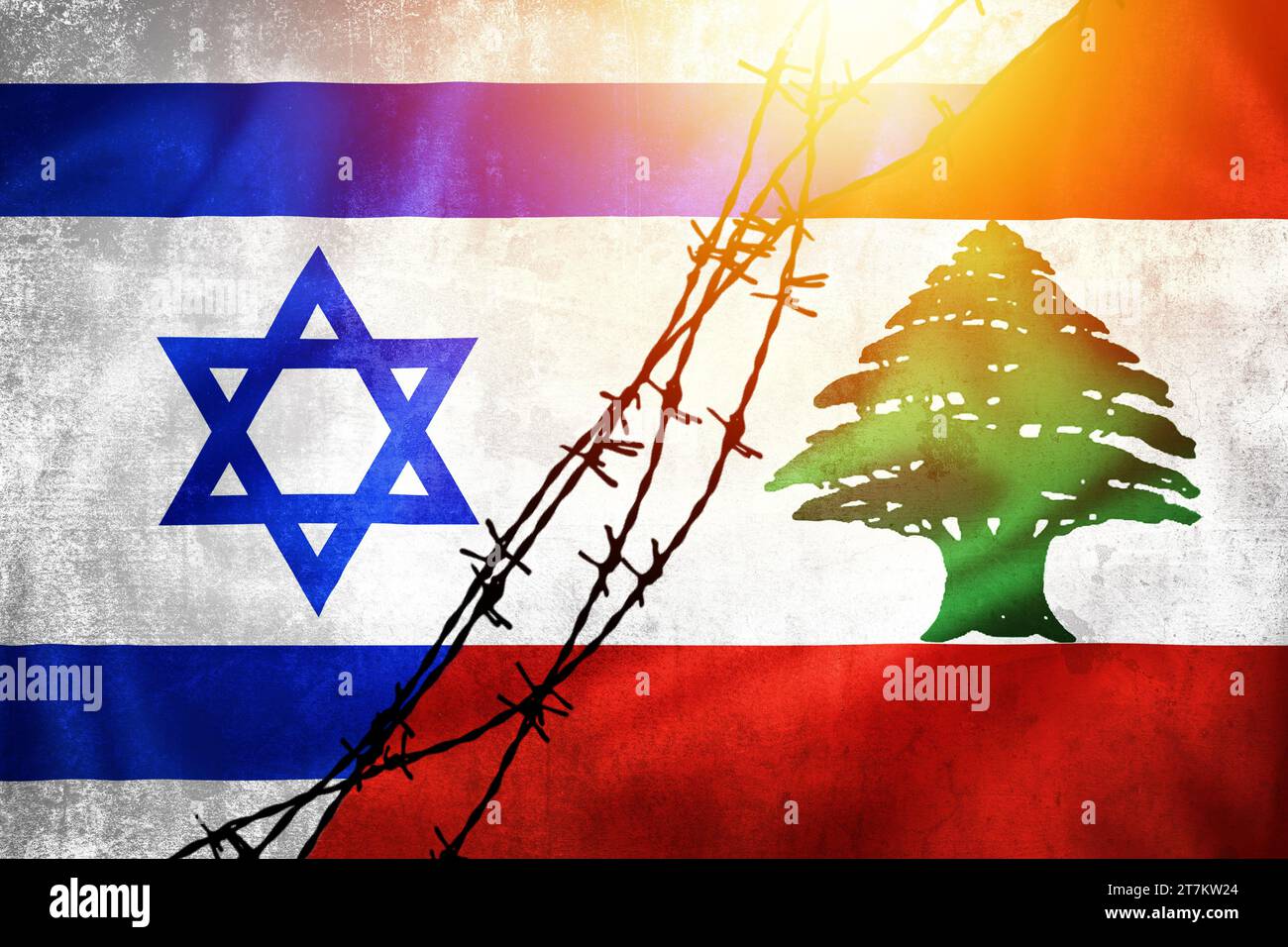 Grunge flags of Israel and Lebanon divided by barb wire sun haze illustration, concept of tense relations between Israel and Middle east states Stock Photo