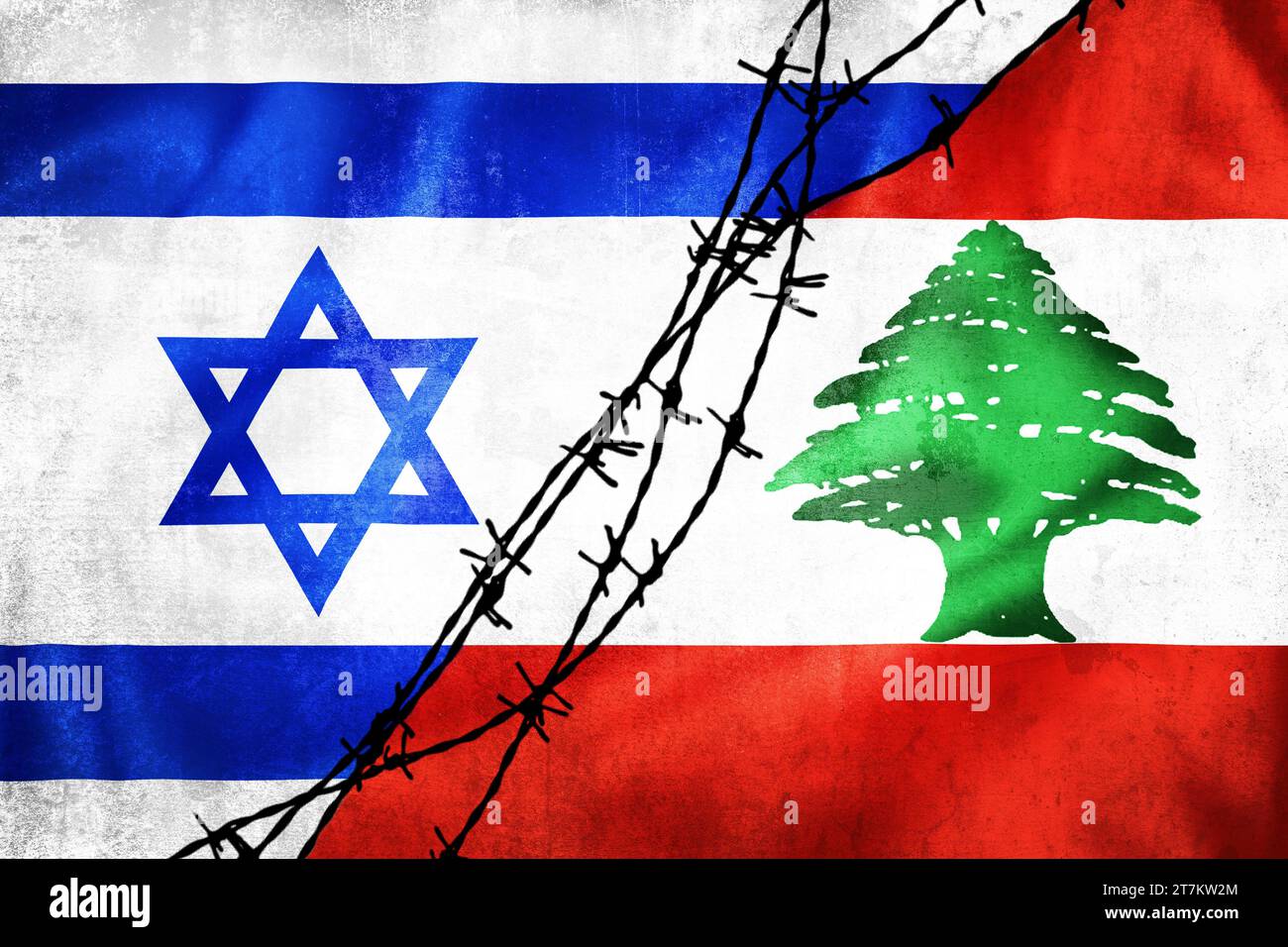 Grunge flags of Israel and Lebanon divided by barb wire illustration, concept of tense relations between Israel and Middle east states Stock Photo