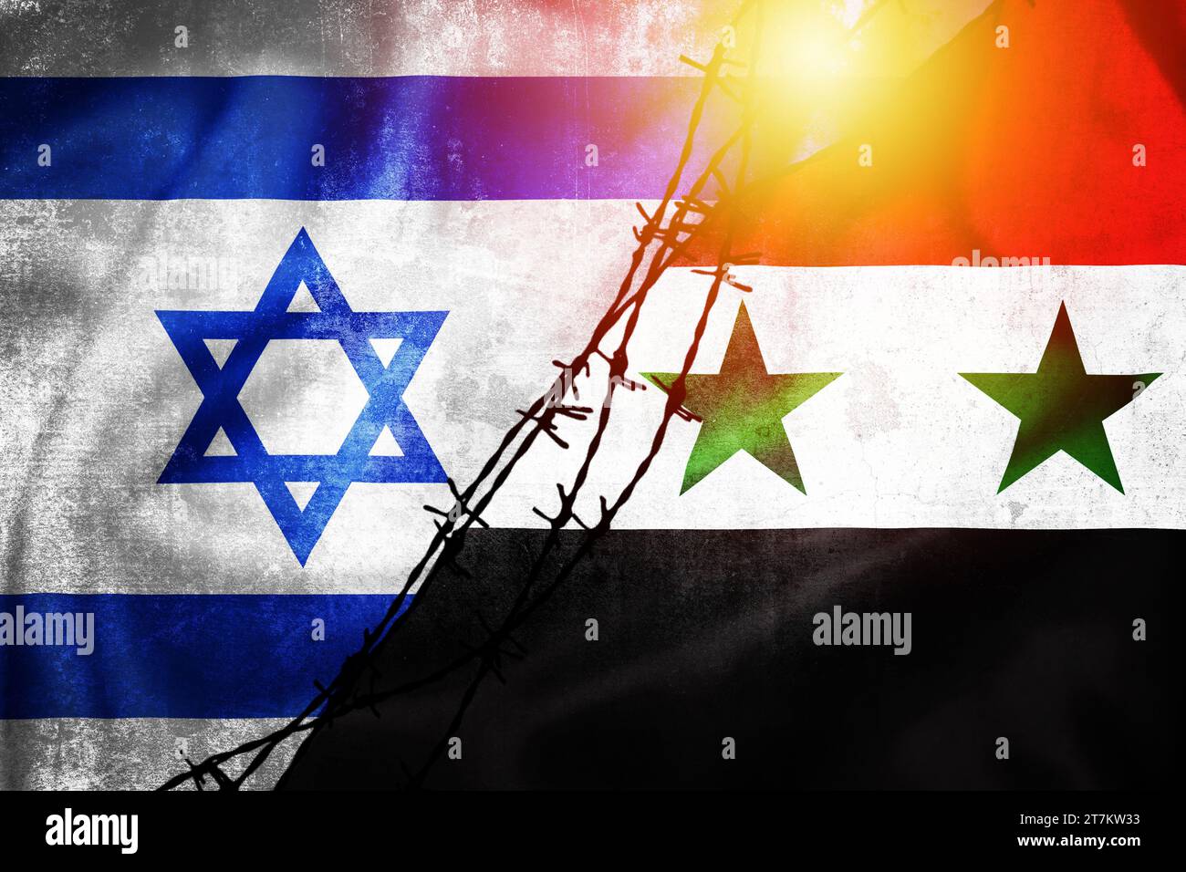 Grunge flags of Israel and Syria divided by barb wire illustration, concept of tense relations between Israel and Middle east states Stock Photo