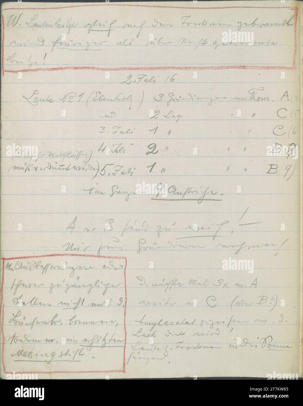 Richard Teschner Notes on a basic process; W. Lauten Beitz. Pencil; Red colored pencil 2. Juli 1916 und folgende Tage (Sketchbook: 1915-1947) Stock Photo
