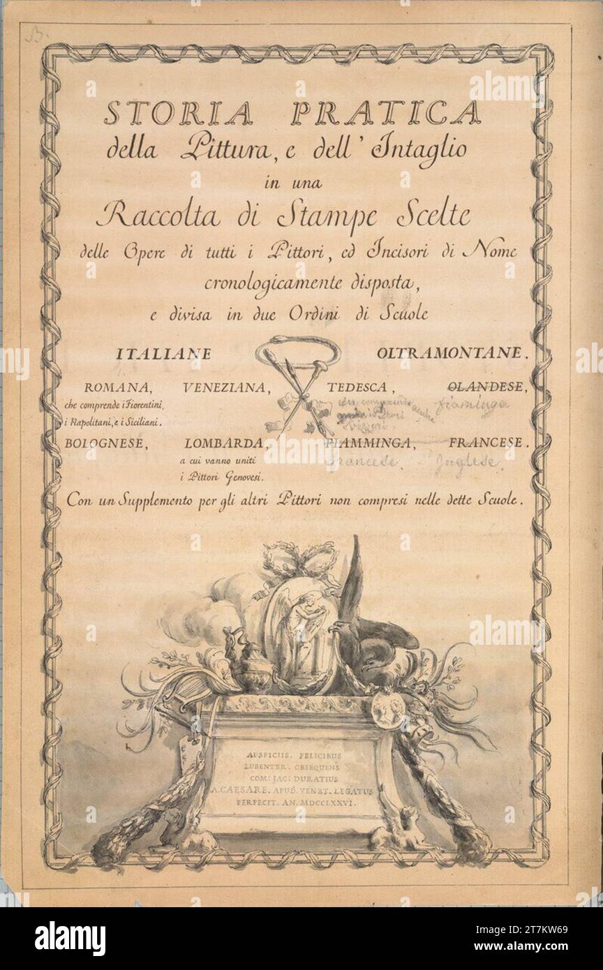 Giacomo Durazzo Discorso Preliminars, version II, first cover page. Feder, laved 1776 , 1776 Stock Photo