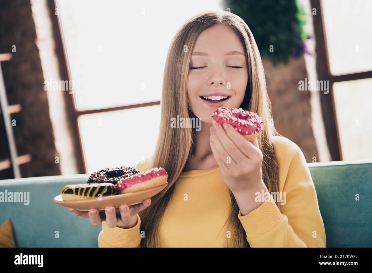 Portrait of satisfaction funny cute young schoolgirl teenager closed ...