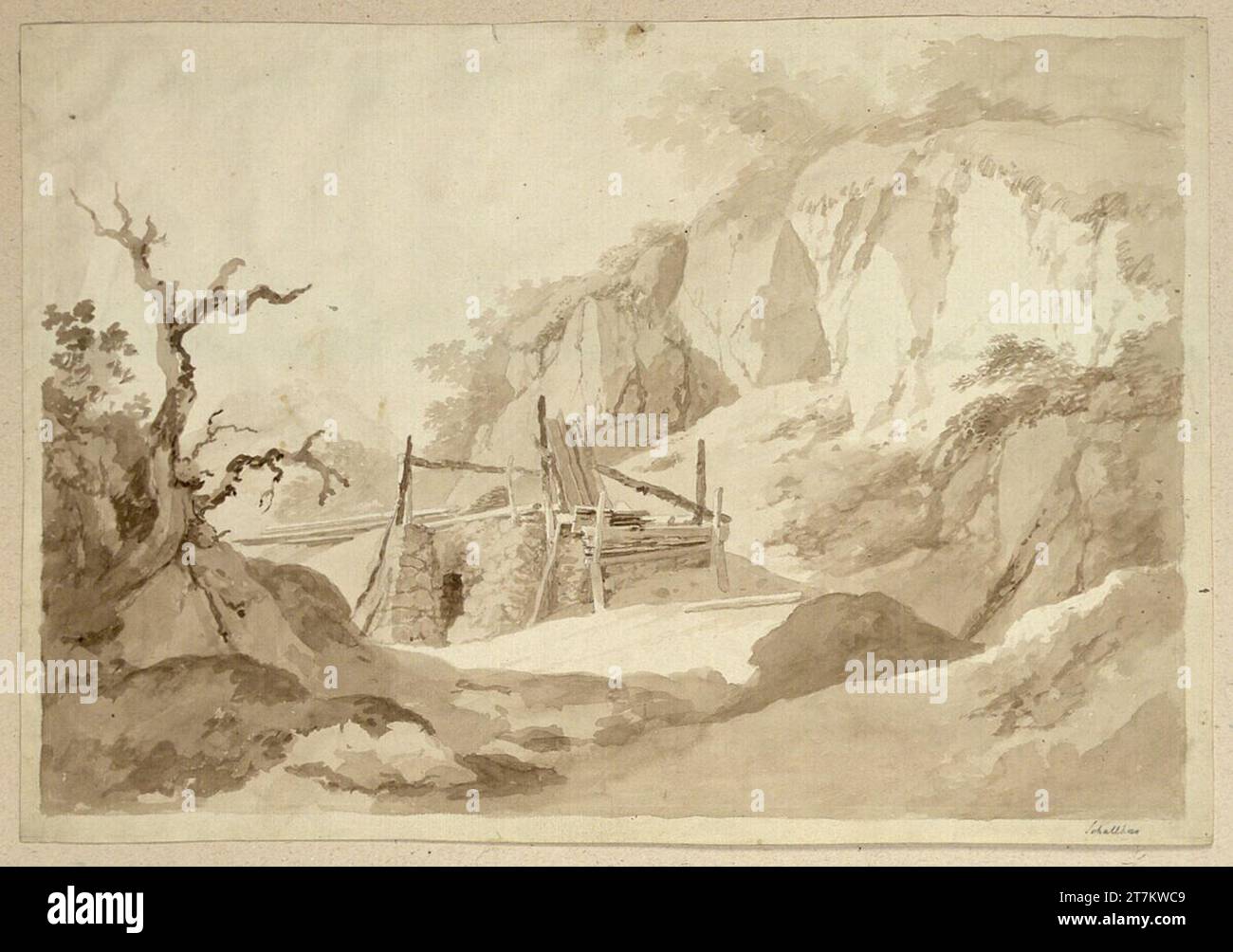 Carl Philipp Schallhas Landscape motif at Mödling. Brush in light brown ...