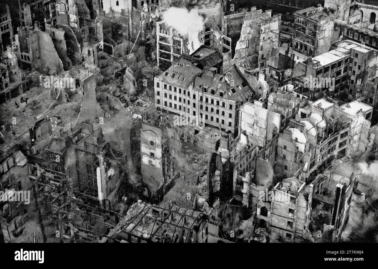 An aerial photograph shot from the St Pauls Cathedral  illustrates the damage caused during fires, created during Luftwaffe air raids during the Second World War and the latter half of 1940. Stock Photo