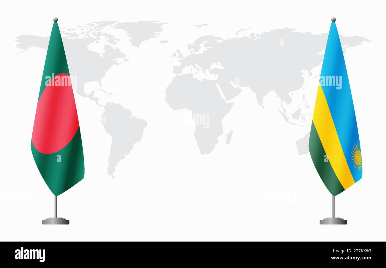 Bangladesh and Rwanda flags for official meeting against background of world map. Stock Vector