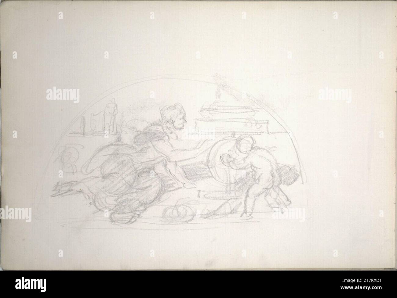 Hans Canon Design sketch to the bezel with the allegory of 'inductive science' . Pencil around 1880 Stock Photo