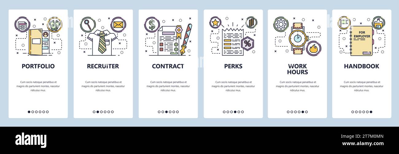 Mobile app onboarding screens. Employment, HR recruiter, cintract. job offer, working hours. Menu vector banner template for website and mobile develo Stock Vector